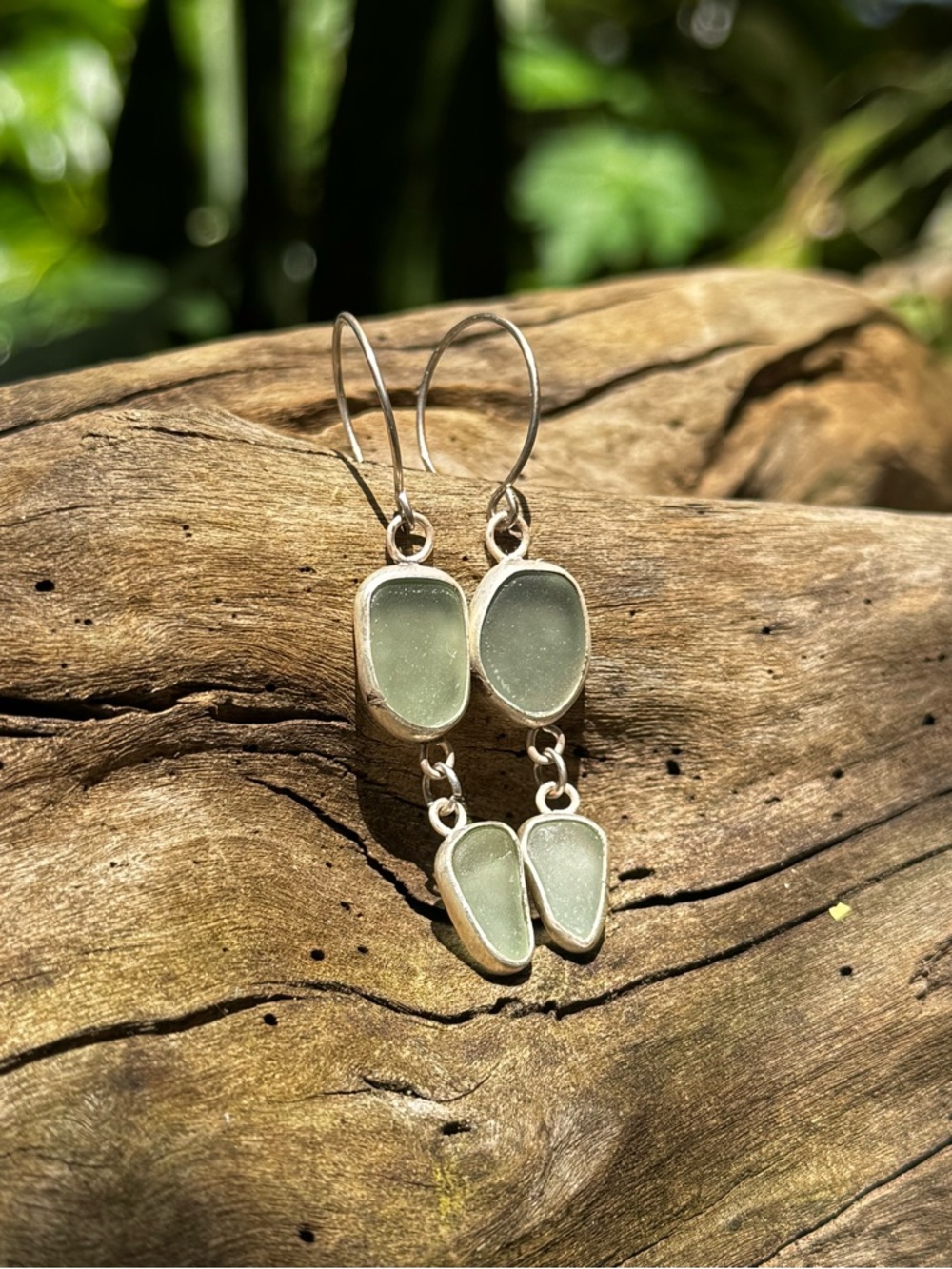 Double Aqua sea glass Handmade sterling silver drop earrings - Picture 4 of 7